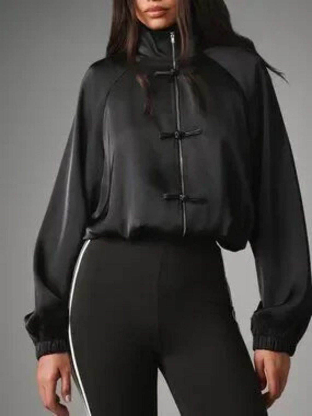 ZARA Black Casual Women's Long Sleeve Zip-Up Funnel Neck Blouse With Knot Detail